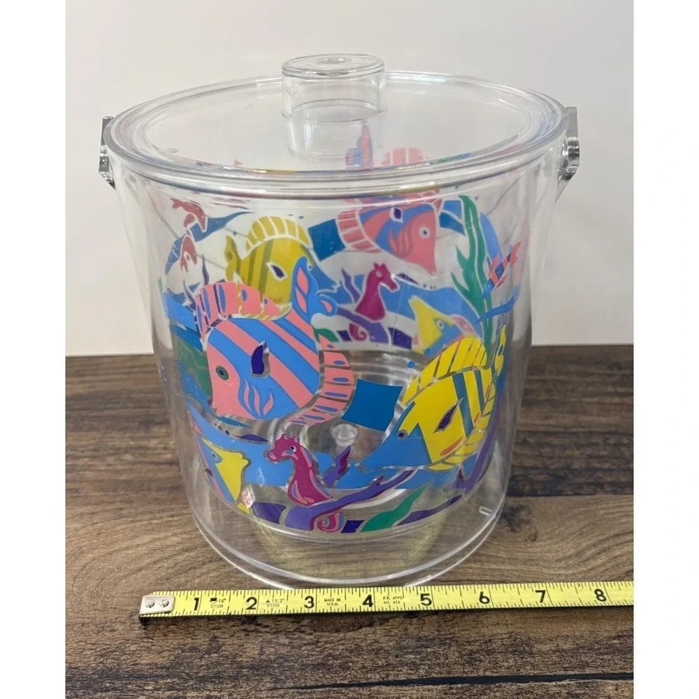 Vintage Lucite Acrylic Ocean Fish Themed Colorful Ice Bucket Tropical Pool Beach